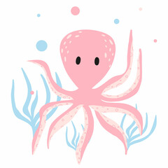 Childrens illustration of cute octopus with seaweed. Hand-drawn pink octopus in cartoon style. Suitable for prints, posters. postcards.