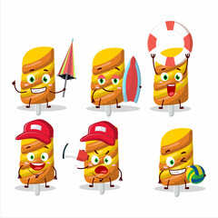 Happy Face gummy candy orange cartoon character playing on a beach