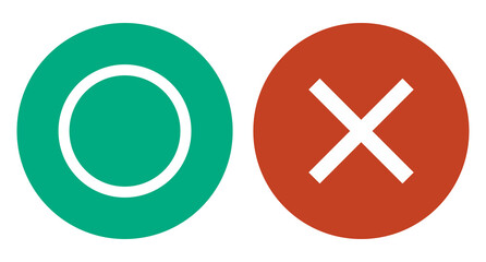 A green circle icon and a red cross mark icon. Slightly dark tone. Vectors.
