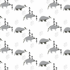  Childish seamless pattern with raccoon and badger. Hand-drawn pattern with forest animals.