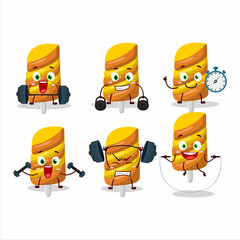 A healthy gummy candy orange cartoon style trying some tools on Fitness center