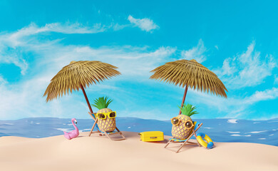 beach chair with umbrella,palm tree,lifebuoy,seaside,pineapple, sunglasses,suitcase isolated on blue sky background.summer travel concept,3d illustration or 3d render