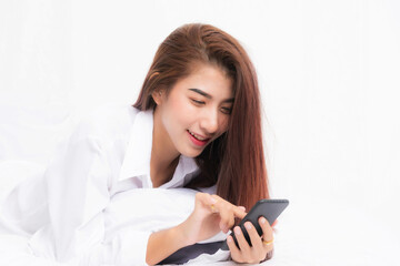 Naklejka premium Woman lifestyle portrait at bedroom.