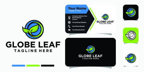 Globe leaf logo and business card design vector template