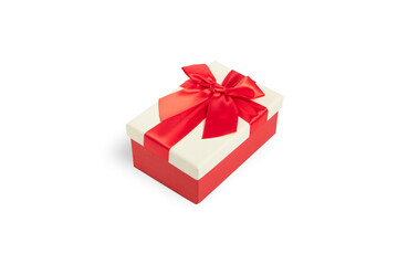 White and red gift box with red ribbon isolated on white background