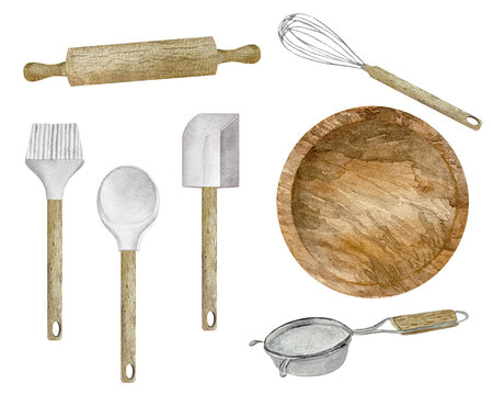 Watercolor Baking Utensils, 28 PNG Graphic by beyouenked