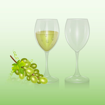 Glass of wine and a bunch of grapes in realistic style, vector format