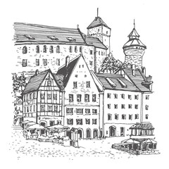 Travel sketch of Nuremberg, Germany. Historical building, castle, old houses line art. Freehand drawing. Hand drawn travel postcard. Urban sketch in black color isolated on white background. 