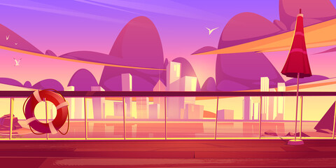 Naklejka premium View from cruise ship deck to seascape with city buildings on horizon at sunset. Vector cartoon illustration of landscape with lake or river, skyscrapers on skyline and wooden deck with railing