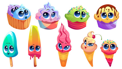 Cute ice cream characters with funny faces isolated on white background. Vector cartoon set of different desserts, gelato, ice cream in waffle cone and popsicle on wooden stick