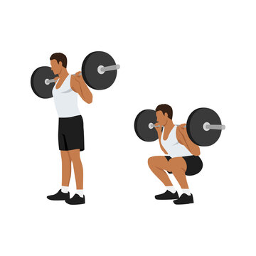 Man Doing Squat With Barbell Exercise. Flat Vector Illustration Isolated On White Background