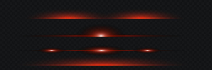 Fototapeta premium Set with white horizontal highlights. Laser beams, horizontal light beams. Beautiful flashes of light. Glowing stripes on a dark background