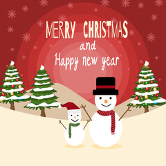 Character Cartoon Cute Christmas Day , Merry christmas happy new year festival ,snow man and Christmas trees,text invitation card , vector illustration. Winter landscape.