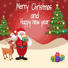 Merry Christmas and happy new year, Santa Claus and Reindeer and gift boxes in Christmas snow scene. Winter landscape.