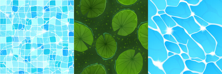 Textures of water in swimming pool, sea and pond with lily leaves. Vector cartoon seamless patterns of top view of ocean, lake and swamp surface for game background - obrazy, fototapety, plakaty