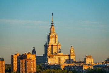 Naklejka premium Aerial view of moscow state university at sunset light in Moscow, Russia