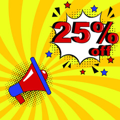 Pop art comic sale discount promotion banner. 25 percent off. Comic text 25 percent sale set discount. Promo sale twenty five percent poster