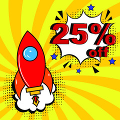 Pop art comic sale discount promotion banner. 25 percent off. Comic text 25 percent sale set discount. Promo sale twenty five percent poster