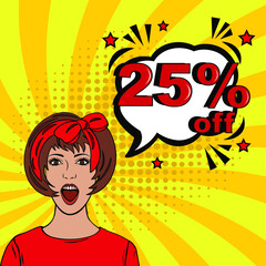 Pop art comic sale discount promotion banner. 25 percent off. Comic text 25 percent sale set discount. Promo sale twenty five percent poster
