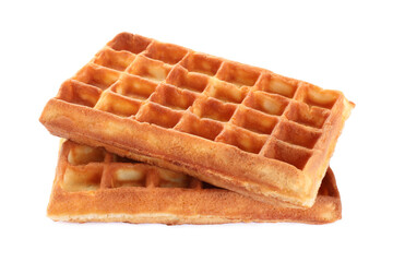 Two delicious Belgian waffles on white background
