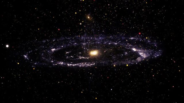 Seamless Loop Space travel Exploration Nebula sky to Spiral Galaxy. 4K 3D render space discovery journey flying through star field to beautiful Spiral Galaxy background. Sci-Fi universe space flight. 