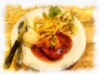 Steak and fries in a white plate watercolor style illustration impressionist painting.