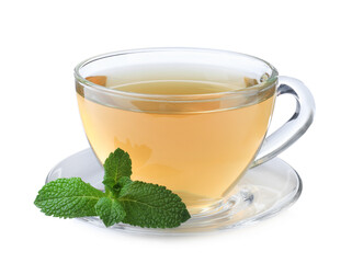 Cup of aromatic green tea with fresh mint on white background