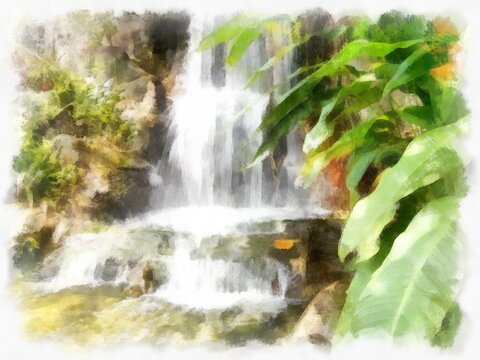 waterfall with flowing water and trees watercolor style illustration impressionist painting.