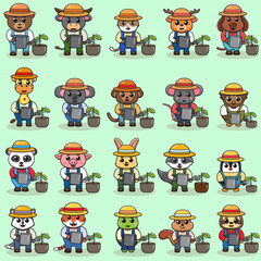 Vector illustration of Animal farmer cartoon Watering the plant. Cute Animal farmer character design with straw hat. Character flat design. isolated on white.