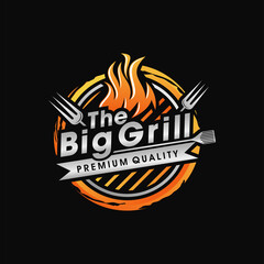 Vintage Grills barbecue with fork and fire flame logo design vector template
