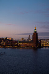 Obraz premium Panorama of Stockholm city on a sunny winter day photographed from the hill. Capital of Sweden
