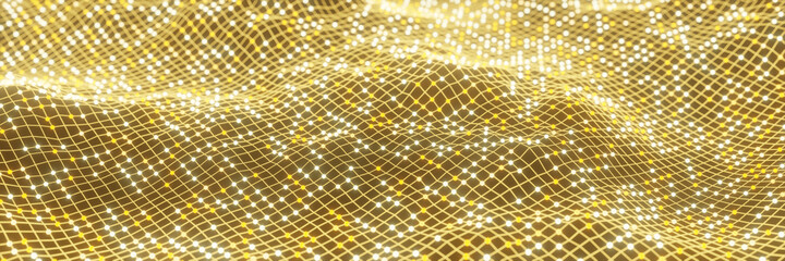 3D abstract network data. Blurred background. Yellow grid wireframe.