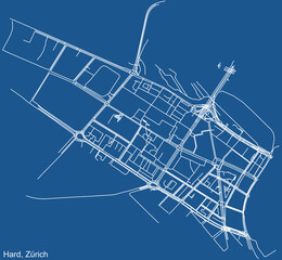 Detailed technical drawing navigation urban street roads map on blue background of the district Hard Quarter of the Swiss regional capital city of Zurich, Switzerland