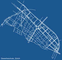 Detailed technical drawing navigation urban street roads map on blue background of the district Gewerbeschule Quarter of the Swiss regional capital city of Zurich, Switzerland