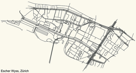 Detailed navigation urban street roads map on vintage beige background of the district Escher Wyss Quarter of the Swiss regional capital city of Zurich, Switzerland