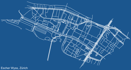Detailed technical drawing navigation urban street roads map on blue background of the district Escher Wyss Quarter of the Swiss regional capital city of Zurich, Switzerland
