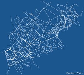 Detailed technical drawing navigation urban street roads map on blue background of the district Fluntern Quarter of the Swiss regional capital city of Zurich, Switzerland