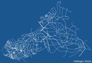 Detailed technical drawing navigation urban street roads map on blue background of the district Hottingen Quarter of the Swiss regional capital city of Zurich, Switzerland