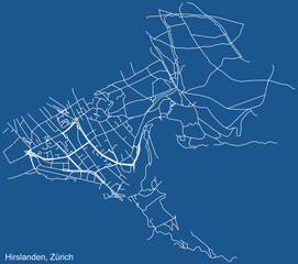Detailed technical drawing navigation urban street roads map on blue background of the district Hirslanden Quarter of the Swiss regional capital city of Zurich, Switzerland