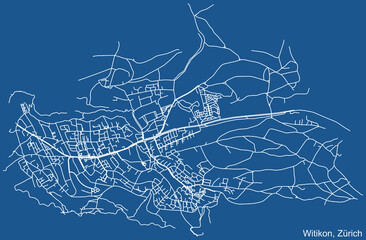 Detailed technical drawing navigation urban street roads map on blue background of the district Witikon Quarter of the Swiss regional capital city of Zurich, Switzerland