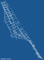 Detailed technical drawing navigation urban street roads map on blue background of the district Seefeld Quarter of the Swiss regional capital city of Zurich, Switzerland