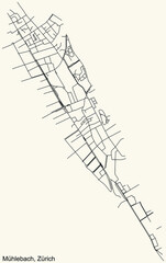 Detailed navigation urban street roads map on vintage beige background of the district Mühlebach Quarter of the Swiss regional capital city of Zurich, Switzerland