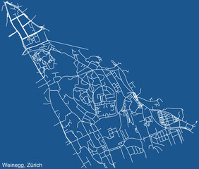 Detailed technical drawing navigation urban street roads map on blue background of the district Weinegg Quarter of the Swiss regional capital city of Zurich, Switzerland