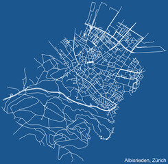 Detailed technical drawing navigation urban street roads map on blue background of the district Albisrieden Quarter of the Swiss regional capital city of Zurich, Switzerland