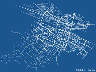 Detailed technical drawing navigation urban street roads map on blue background of the district Altstetten Quarter of the Swiss regional capital city of Zurich, Switzerland