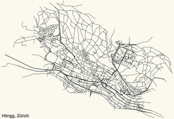 Detailed navigation urban street roads map on vintage beige background of the district H&ouml;ngg Quarter of the Swiss regional capital city of Zurich, Switzerland