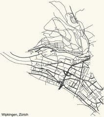 Detailed navigation urban street roads map on vintage beige background of the district Wipkingen Quarter of the Swiss regional capital city of Zurich, Switzerland
