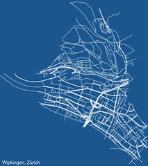 Detailed technical drawing navigation urban street roads map on blue background of the district Wipkingen Quarter of the Swiss regional capital city of Zurich, Switzerland