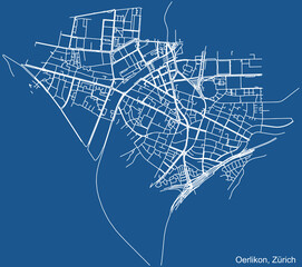 Detailed technical drawing navigation urban street roads map on blue background of the district Oerlikon Quarter of the Swiss regional capital city of Zurich, Switzerland