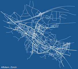 Detailed technical drawing navigation urban street roads map on blue background of the district Affoltern Quarter of the Swiss regional capital city of Zurich, Switzerland